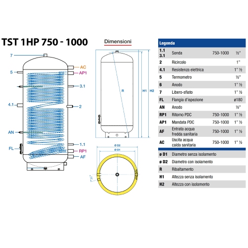 Immagine di ACV TST 1HP 750 bollitore vetrificato con singolo serpentino maggiorato per pompe calore, 750 litri 003195