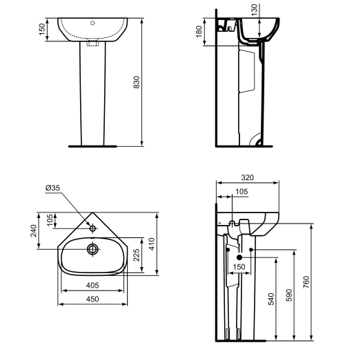 Immagine di Ideal Standard I.LIFE A lavamani angolare L.45 cm, monoforo, con troppopieno, colore bianco finitura lucido T451601