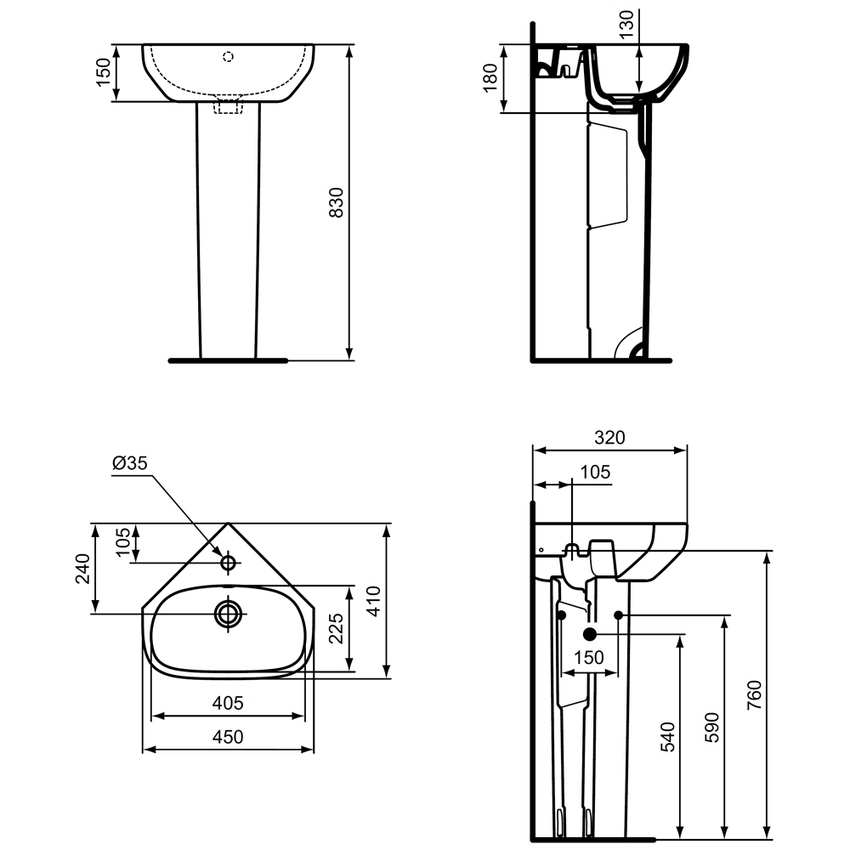 Immagine di Ideal Standard I.LIFE A lavamani angolare L.45 cm, monoforo, con troppopieno, colore bianco finitura lucido T451601