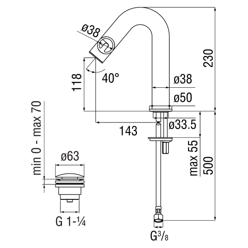 Immagine di Nobili SOLE miscelatore monocomando lavabo H.23 cm, con scarico push 1 1/4”, finitura inox spazzolato SO130118/2IX