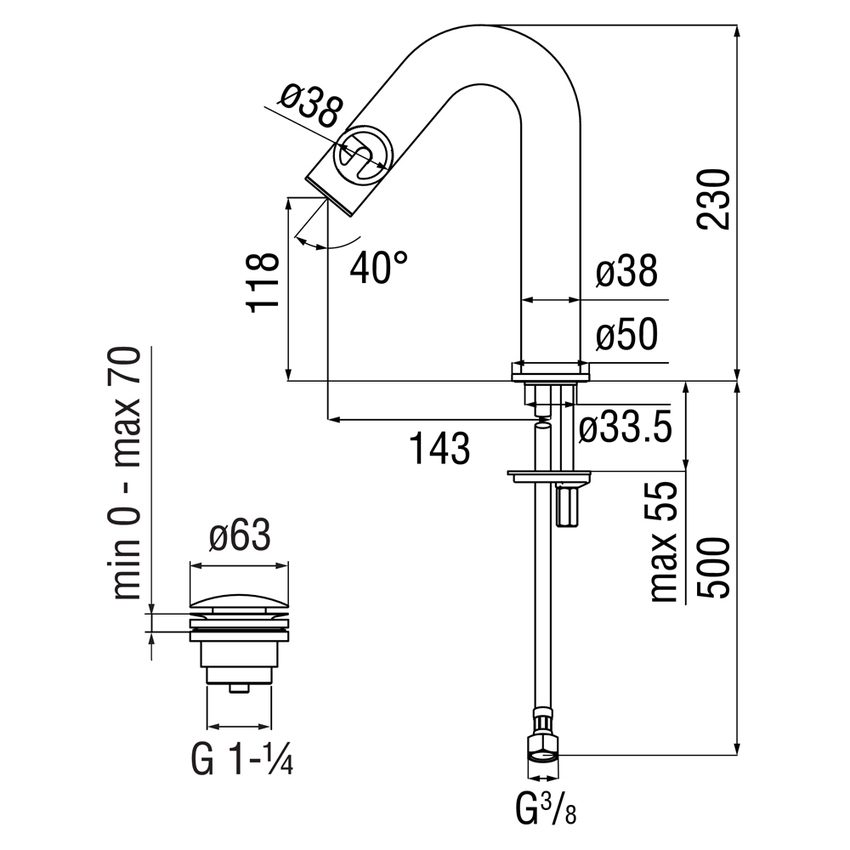 Immagine di Nobili SOLE miscelatore monocomando lavabo H.23 cm, con scarico push 1 1/4”, finitura inox spazzolato SO130118/2IX