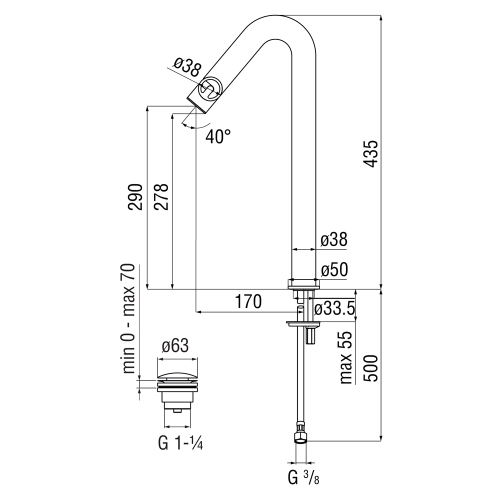Immagine di Nobili SOLE miscelatore monocomando bacinella H.44 cm, con scarico push 1 1/4”, finitura inox spazzolato SO130128/2IX
