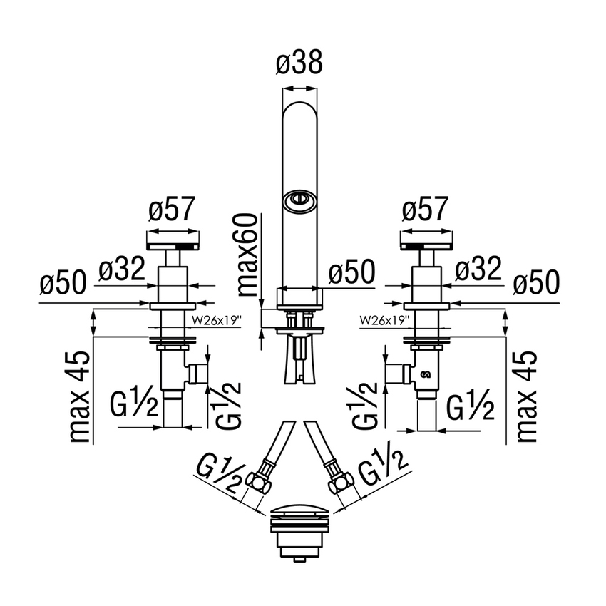 Immagine di Nobili SOLE batteria 3 fori per lavabo, con scarico push 1 1/4”, finitura inox spazzolato SO130211/2IX