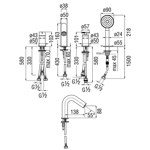 Immagine di Nobili SOLE miscelatore monocomando per bordo vasca, con deviatore 2 vie, e doccetta monogetto estraibile, finitura inox spazzolato WEBK110/9SOIX