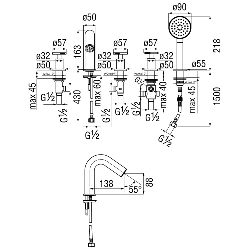 Immagine di Nobili SOLE batteria 5 fori per bordo vasca, con deviatore 2 vie e doccetta monogetto estraibile, finitura inox spazzolato WEBK204/SOIX