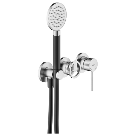 Immagine di Nobili SOLE miscelatore monocomando ad incasso per doccia, 2 vie, con doccetta monogetto e flessibile 150 cm, senza corpo incasso, finitura inox spazzolato WESK100/1SOIX