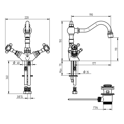 Immagine di Bellosta EDWARD miscelatore lavabo monoforo H.19 cm, con bocca alta girevole, con scarico, finitura dorato 04-0805/5/C