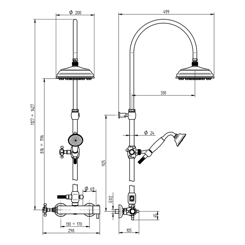 Immagine di Bellosta EDWARD gruppo doccia esterno con miscelatore termostatico, soffione Ø 20 cm, flessibile 150 cm, supporto doccia, doccetta e deviatore, finitura cromo 01-0811/5A/C
