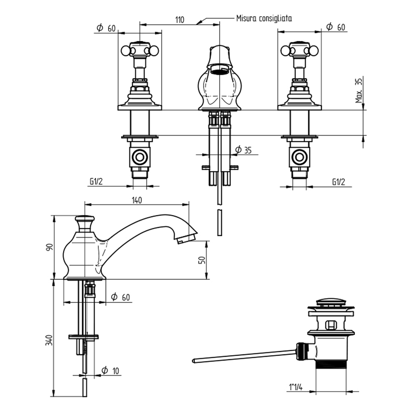 Immagine di Bellosta EDWARD batteria lavabo 3 fori, con scarico, finitura cromo 01-0805/C
