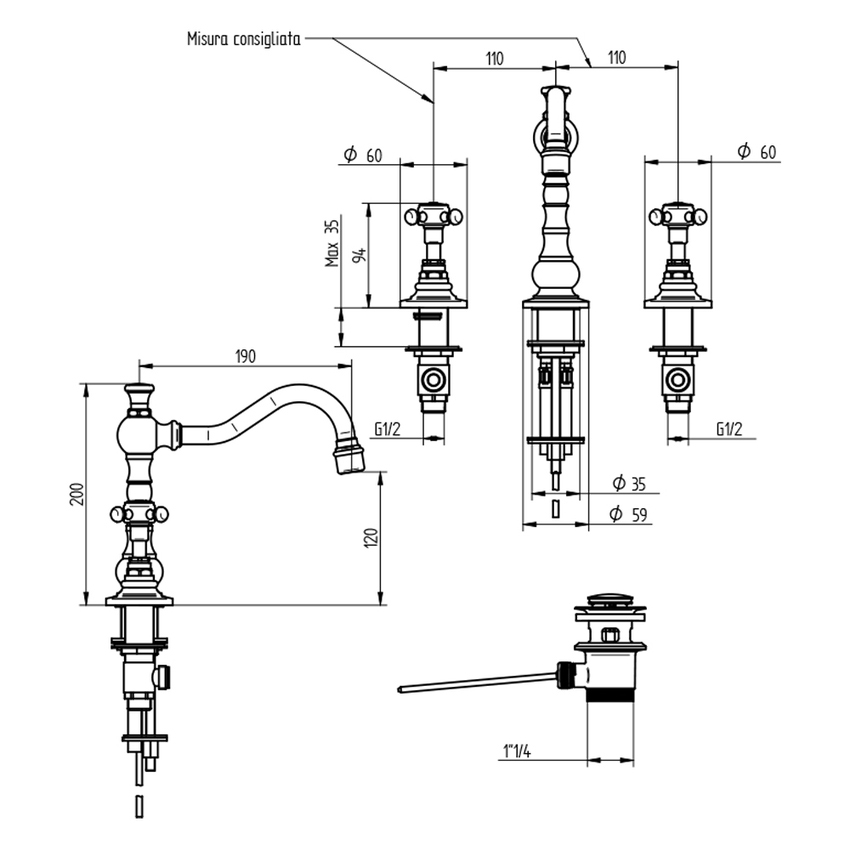 Immagine di Bellosta EDWARD batteria lavabo 3 fori, con scarico e bocca alta girevole, finitura cromo 01-0805/4/C