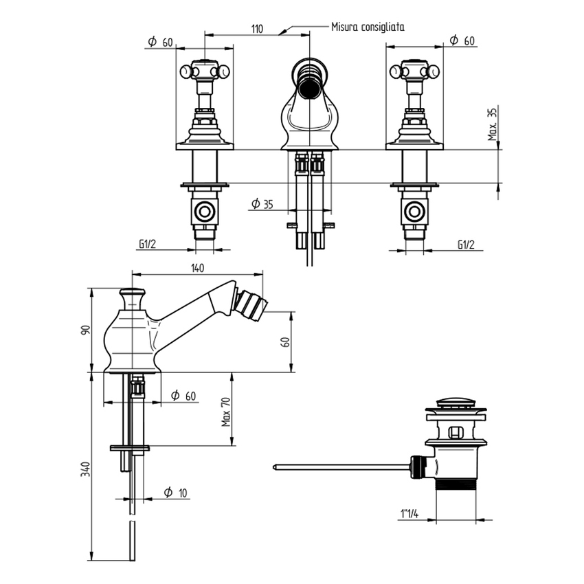 Immagine di Bellosta EDWARD batteria bidet 3 fori, con scarico, finitura cromo 01-0807/7/C
