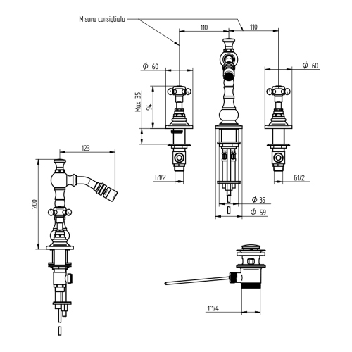 Immagine di Bellosta EDWARD batteria bidet 3 fori, con scarico e bocca alta girevole, finitura cromo 01-0807/4/C