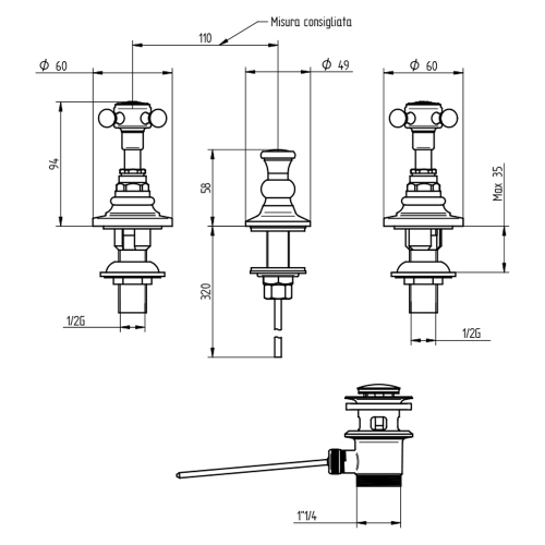 Immagine di Bellosta EDWARD batteria bidet 3 fori, con scarico, senza bocca, finitura cromo 01-0807/C