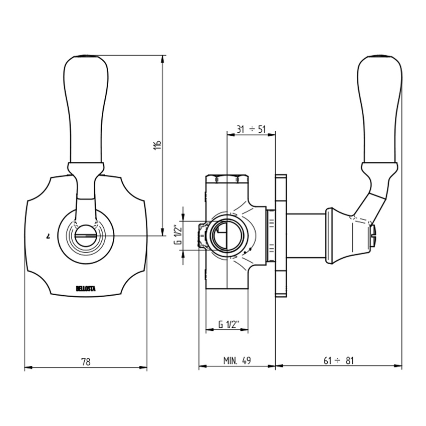 Immagine di Bellosta EDWARD deviatore ad incasso 2 uscite, senza corpo incasso, piastra classic, finitura cromo 01-0803/2K/E