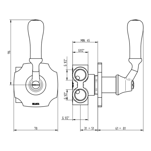 Immagine di Bellosta EDWARD deviatore ad incasso 4 uscite, senza corpo incasso, piastra classic, finitura cromo 01-0803/4K/E