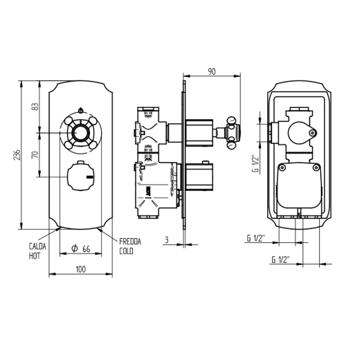 Immagine di Bellosta EDWARD miscelatore termostatico ad incasso per doccia, senza corpo incasso, 1 uscita, finitura cromo 01-0812/K/E