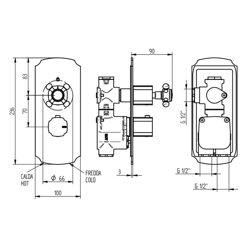 Immagine di Bellosta EDWARD miscelatore termostatico ad incasso per doccia, senza corpo incasso, 1 uscita, finitura cromo 01-0812/K/E