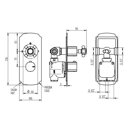 Immagine di Bellosta EDWARD miscelatore termostatico ad incasso per doccia, senza corpo incasso, con deviatore 2 uscite, finitura cromo 01-0812/2/K/E