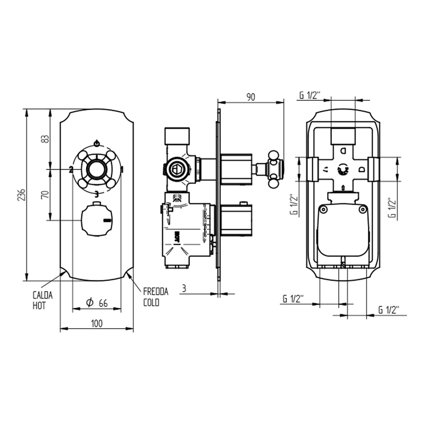 Immagine di Bellosta EDWARD miscelatore termostatico ad incasso per doccia, senza corpo incasso, con deviatore 3 uscite, finitura cromo 01-0812/3/K/E