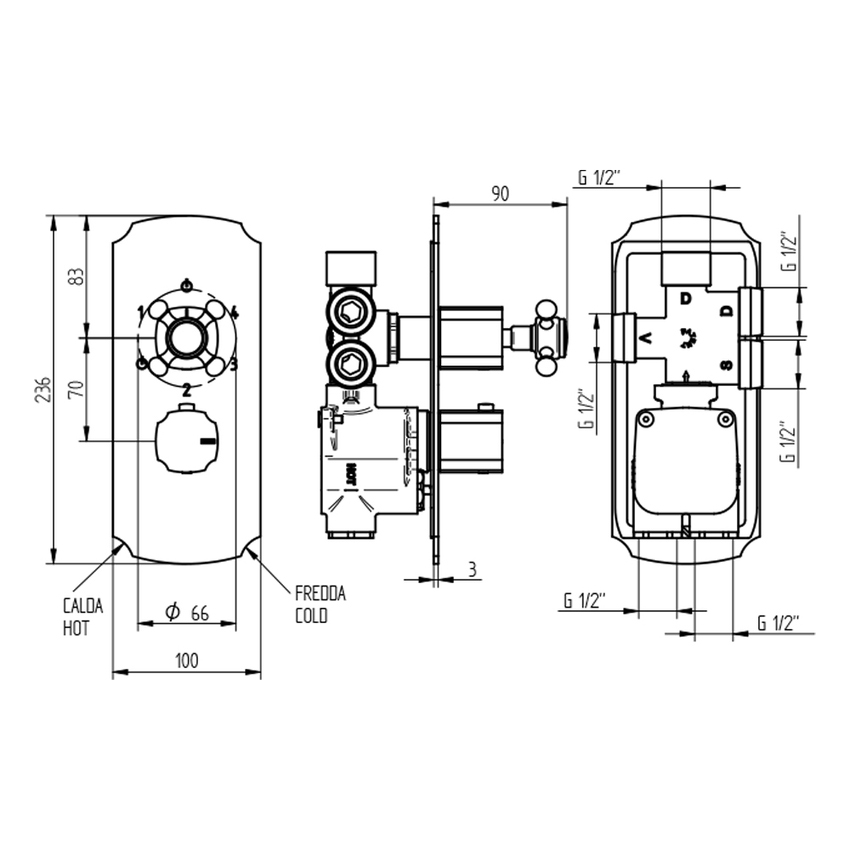 Immagine di Bellosta EDWARD miscelatore termostatico ad incasso per doccia, senza corpo incasso, con deviatore 4 uscite, finitura cromo 01-0812/4/K/E