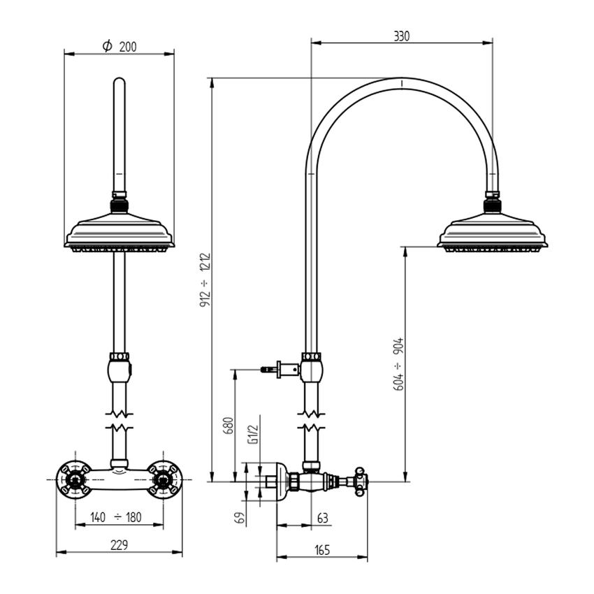 Immagine di Bellosta EDWARD gruppo doccia esterno con asta, soffione orientabile Ø 20 cm, finitura cromo 01-0809/4/C