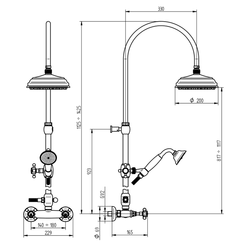 Immagine di Bellosta EDWARD gruppo doccia esterno, con asta doccia, deviatore, soffione Ø 20 cm, supporto doccetta, doccetta e flessibile 150 cm, finitura cromo 01-0809/5/1/C
