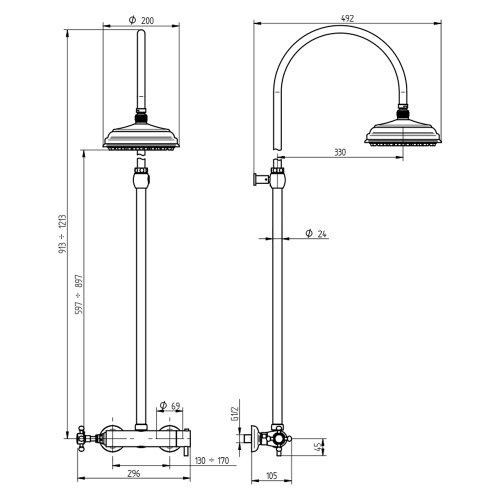 Immagine di Bellosta EDWARD miscelatore termostatico per doccia esterno, con asta doccia e soffione Ø 20 cm, finitura cromo 01-0811/4A/C
