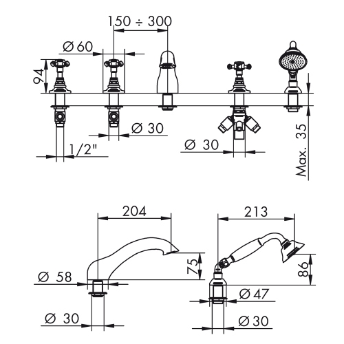 Immagine di Bellosta EDWARD batteria per bordo vasca, senza scarico, con doccetta monogetto, deviatore e flessibile 150 cm, finitura cromo 01-0801/2/C