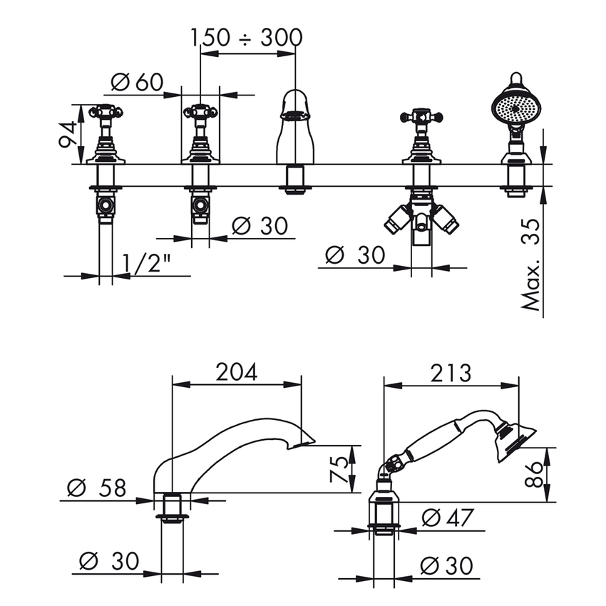 Immagine di Bellosta EDWARD batteria per bordo vasca, senza scarico, con doccetta monogetto, deviatore e flessibile 150 cm, finitura cromo 01-0801/2/C