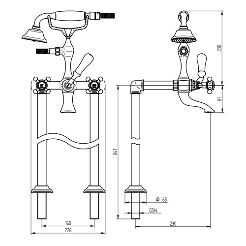 Immagine di Bellosta EDWARD gruppo vasca con raccordi a pavimento, con deviatore, doccetta monogetto e flessibile 150 cm, finitura cromo 01-0801/40/26/C