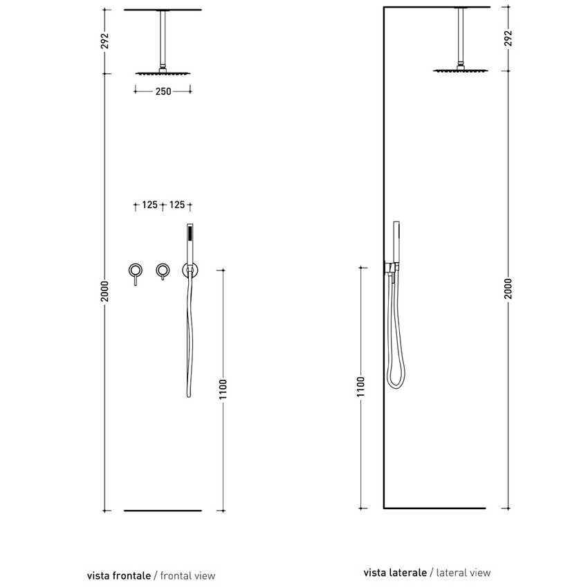 Immagine di Flaminia STIL set doccia con miscelatore monocomando ad incasso con corpo incasso incluso, deviatore, soffione rotondo a soffitto e doccetta, finitura acciaio spazzolato ST2551ACC
