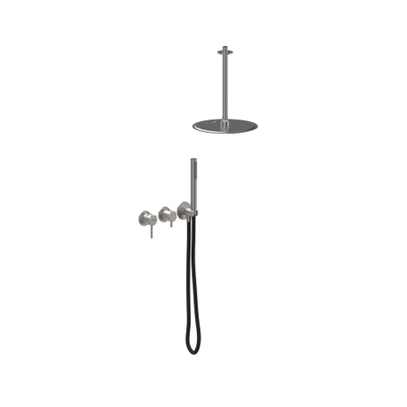 Immagine di Flaminia STIL set doccia con miscelatore monocomando ad incasso con corpo incasso incluso, deviatore, soffione rotondo a soffitto e doccetta, finitura acciaio spazzolato ST2551ACC