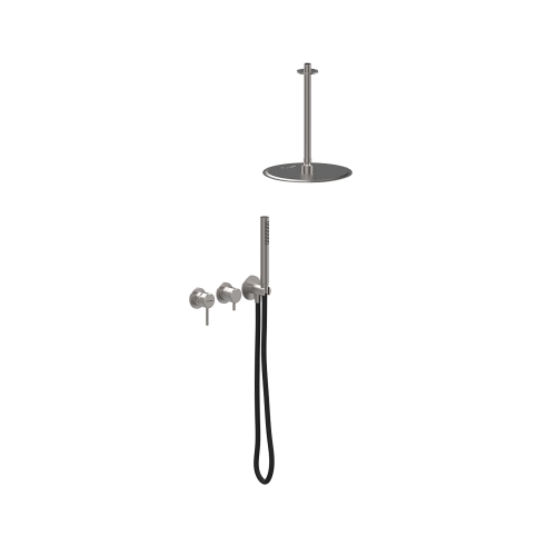 Immagine di Flaminia STIL set doccia con miscelatore monocomando ad incasso con corpo incasso incluso, deviatore, soffione rotondo a soffitto e doccetta, finitura acciaio spazzolato ST2551ACC