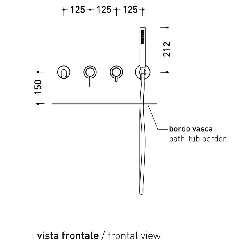 Immagine di Flaminia STIL set vasca con miscelatore monocomando ad incasso, deviatore, bocca di erogazione, flessibile, doccetta e supporto doccetta, corpo incasso incluso, finitura acciaio spazzolato ST2570ACC
