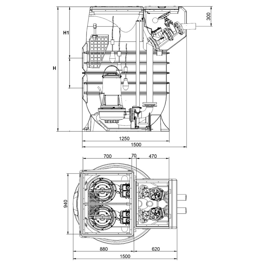 Immagine di Dab Pumps FEKAFOS MAXI 1200 - DN 50 stazione di sollevamento per due pompe 1200 litri versione con camera a valvole, griglia di filtraggio e griglia anti intrusione 60190415