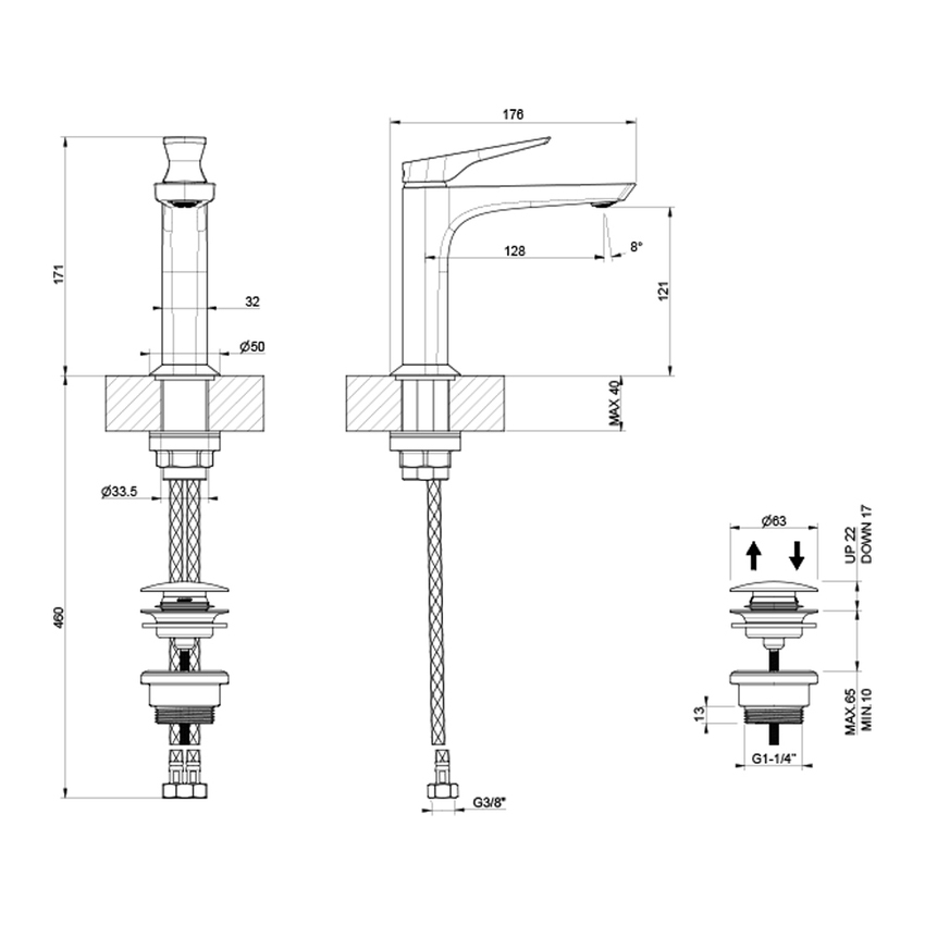 Immagine di Gessi VENTAGLIO miscelatore lavabo H.17 cm, con piletta Stop&Go e flessibili, finitura cromo 72051#031