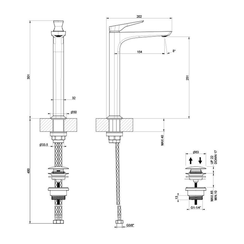 Immagine di Gessi VENTAGLIO miscelatore lavabo alto H.30 cm, con piletta Stop&Go e flessibili, finitura cromo 72053#031
