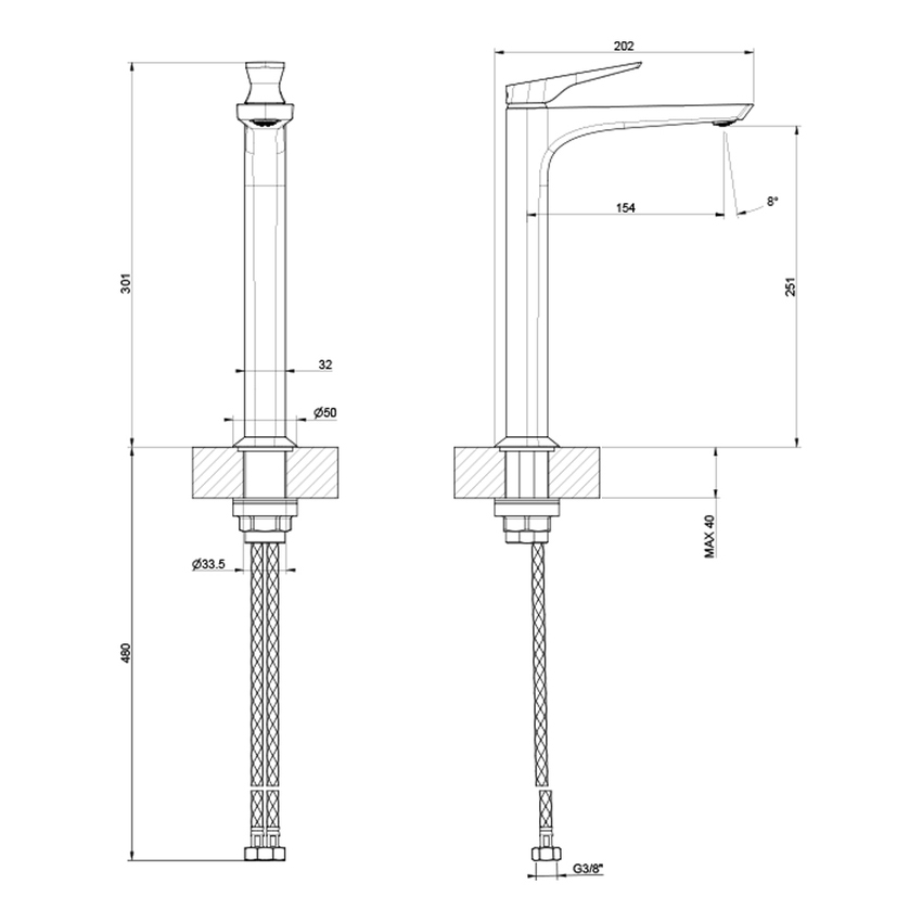 Immagine di Gessi VENTAGLIO miscelatore lavabo alto H.30 cm, senza scarico, con flessibili, finitura cromo 72004#031