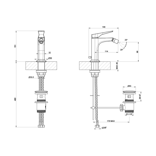 Immagine di Gessi VENTAGLIO miscelatore bidet H.15 cm, con scrico e flessibili, finitura cromo 72007#031