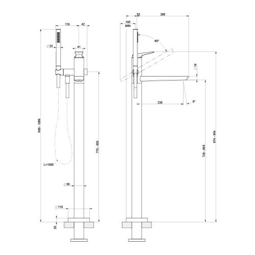 Immagine di Gessi VENTAGLIO miscelatore da terra per vasca, con deviatore automatico e doccetta anticalcare, senza corpo incasso, finitura cromo 72028#031