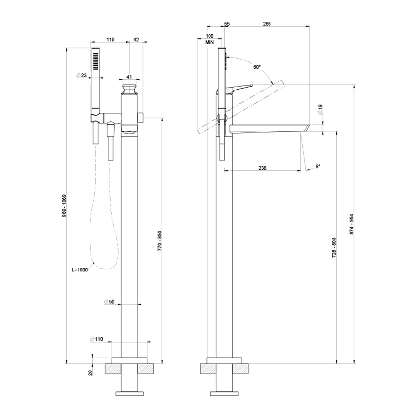 Immagine di Gessi VENTAGLIO miscelatore da terra per vasca, con deviatore automatico e doccetta anticalcare, senza corpo incasso, finitura cromo 72028#031