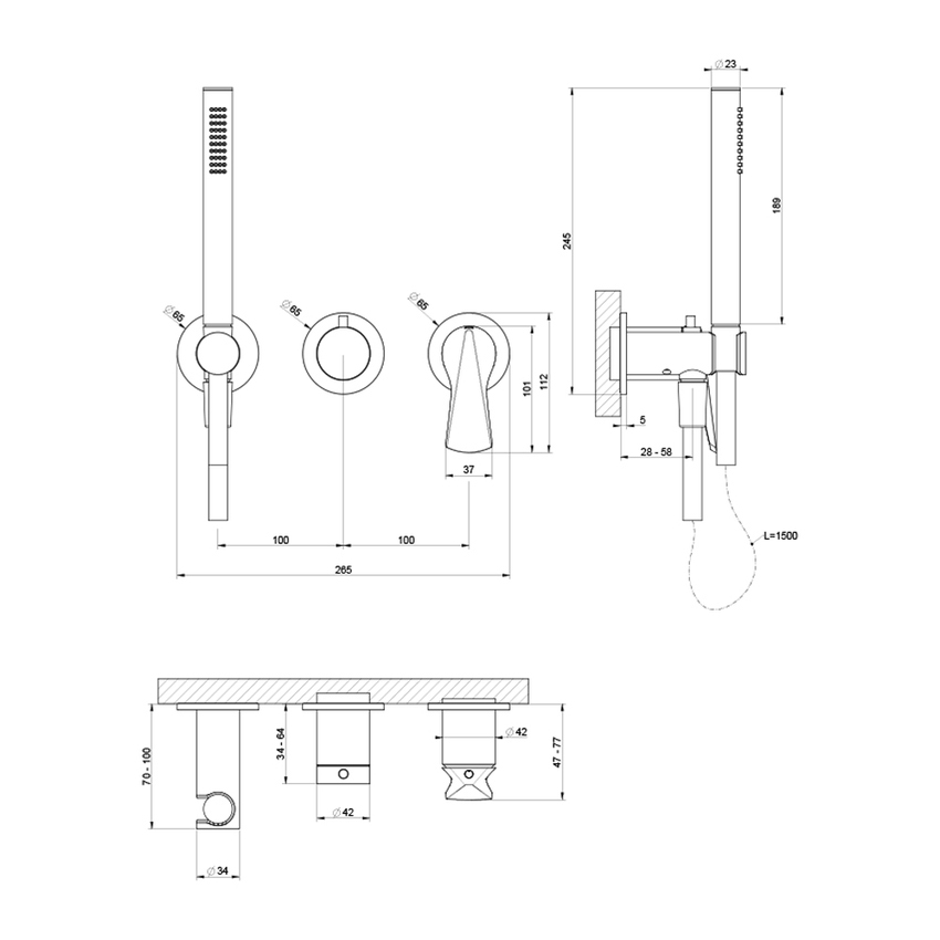 Immagine di Gessi VENTAGLIO miscelatore doccia a parete, 2 vie con doccetta e deviatore, senza corpo incasso, finitura cromo 72036#031