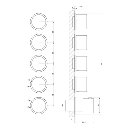 Immagine di Gessi SHOWER miscelatore termostatico a parete, 4 uscite indipendenti, installazione verticale o orizzontale, senza corpo incasso, finitura cromo 63438#031