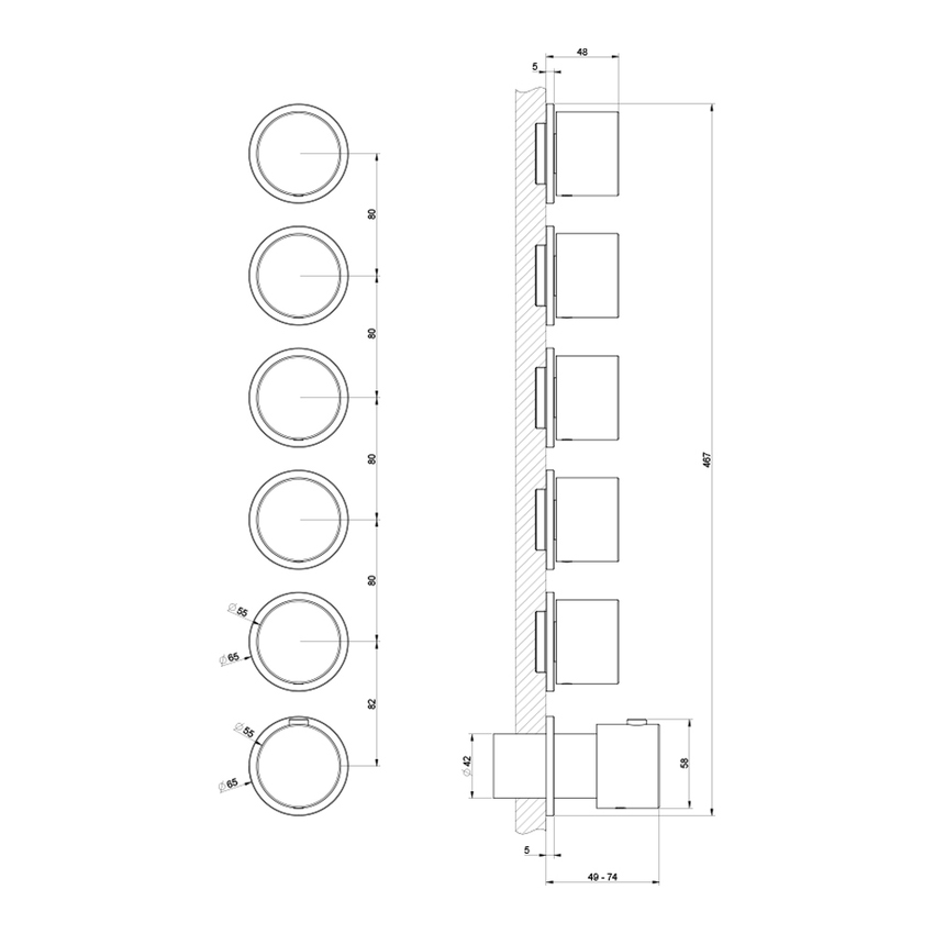 Immagine di Gessi SHOWER miscelatore termostatico a parete, 5 uscite indipendenti, installazione verticale o orizzontale, senza corpo incasso, finitura cromo 63440#031