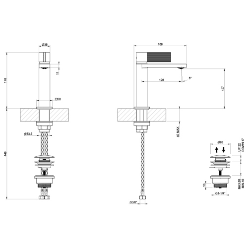 Immagine di Gessi INVERSO RIGATO miscelatore lavabo H.18 cm, con piletta Stop&Go e flessibili, finitura cromo 73551#031