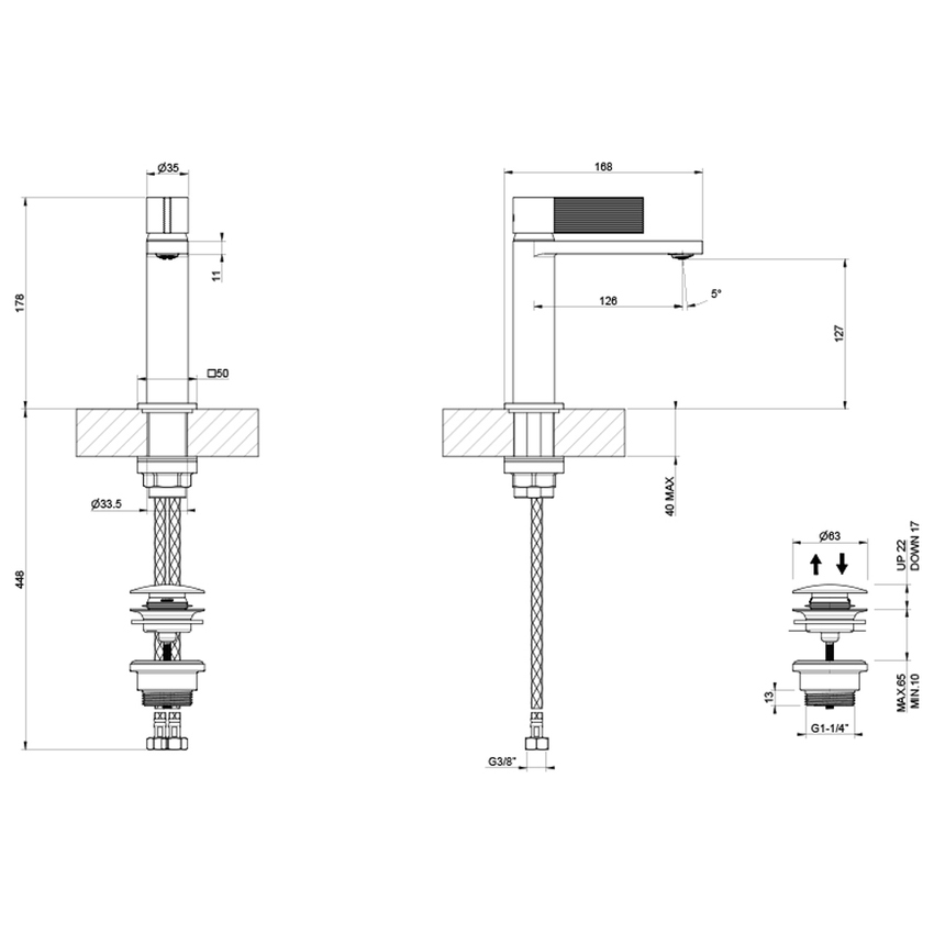 Immagine di Gessi INVERSO RIGATO miscelatore lavabo H.18 cm, con piletta Stop&Go e flessibili, finitura cromo 73551#031
