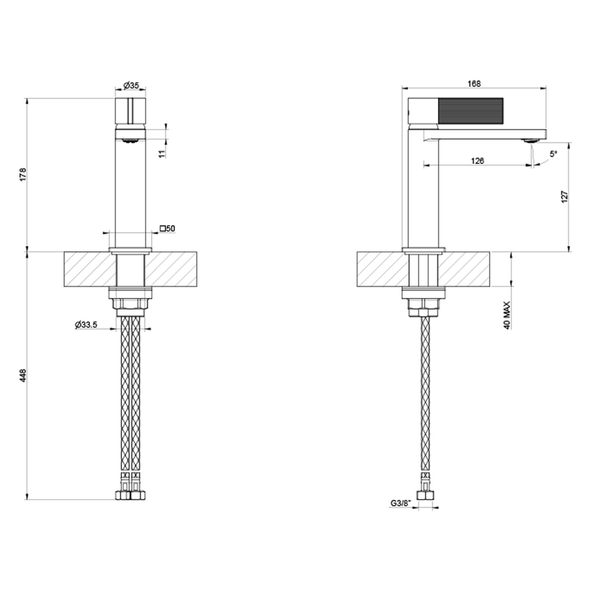 Immagine di Gessi INVERSO RIGATO miscelatore lavabo H.18 cm, senza scarico, con flessibili, finitura finox brushed nickel 73502#149