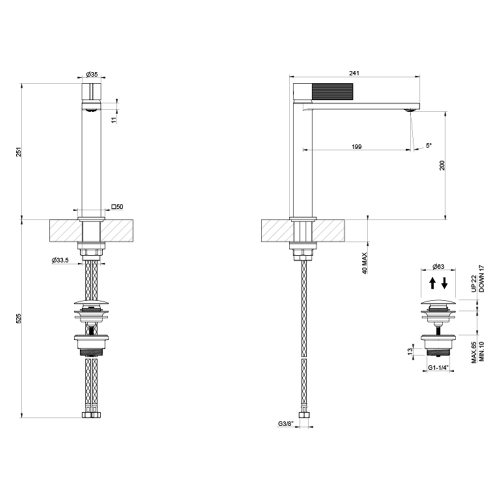 Immagine di Gessi INVERSO RIGATO miscelatore lavabo medio H.25 cm, con piletta Stop&Go e flessibili, finitura cromo 73555#031