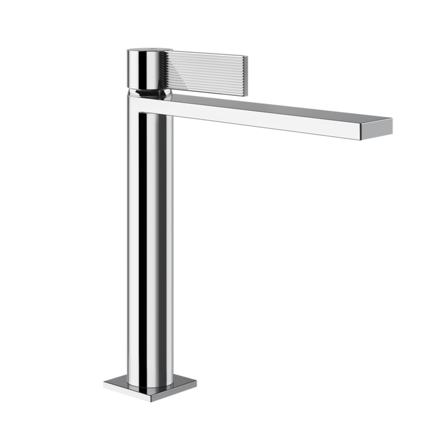 Immagine di Gessi INVERSO RIGATO miscelatore lavabo medio H.25 cm, con piletta Stop&Go e flessibili, finitura cromo 73555#031