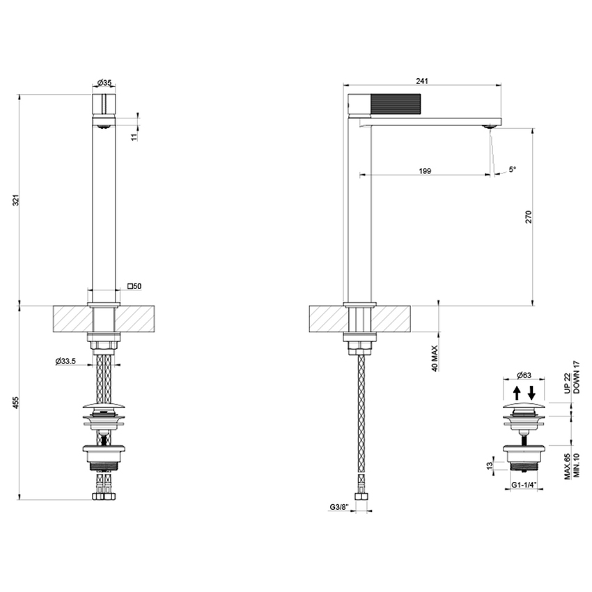 Immagine di Gessi INVERSO RIGATO miscelatore lavabo alto H.32 cm, con piletta Stop&Go e flessibili, finitura cromo 73553#031
